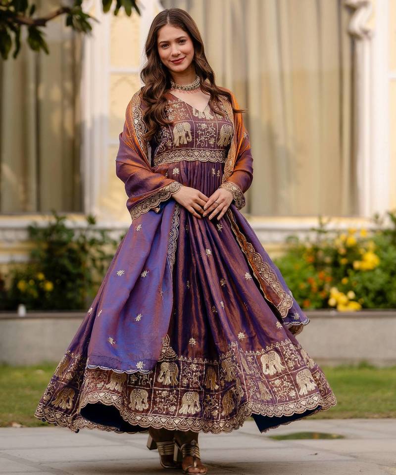 Wine Fendy Satin Wedding wear Desiner Embroidery Work Gown