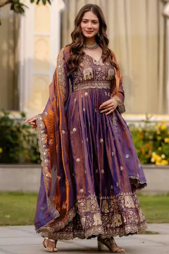 wine fendy satin salwar kameez with embroidery