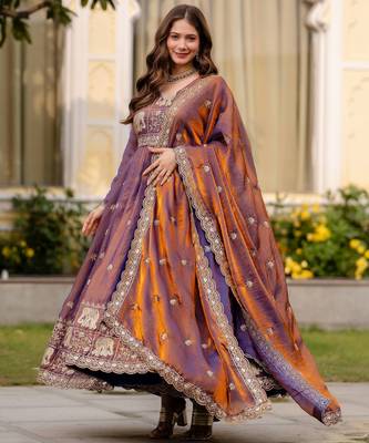 wine fendy satin salwar kameez with embroidery 3