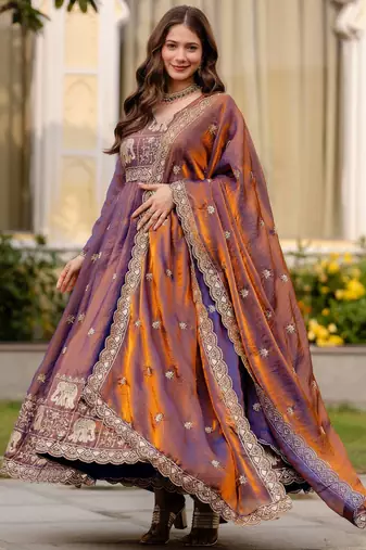 wine fendy satin salwar kameez with embroidery