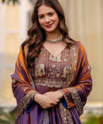 wine fendy satin salwar kameez with embroidery 4