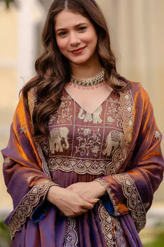 wine fendy satin salwar kameez with embroidery