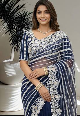 royal blue georgette saree with embroidery design 2