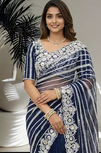royal blue georgette saree with embroidery design