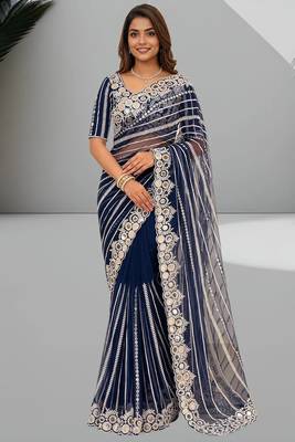 royal blue georgette saree with embroidery design 1