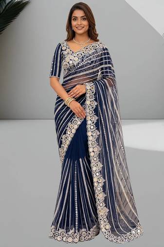 royal blue georgette saree with embroidery design