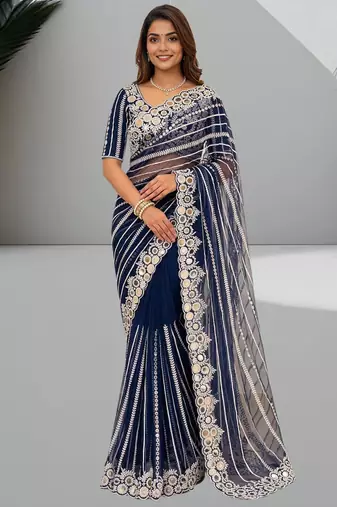 royal blue georgette saree with embroidery design