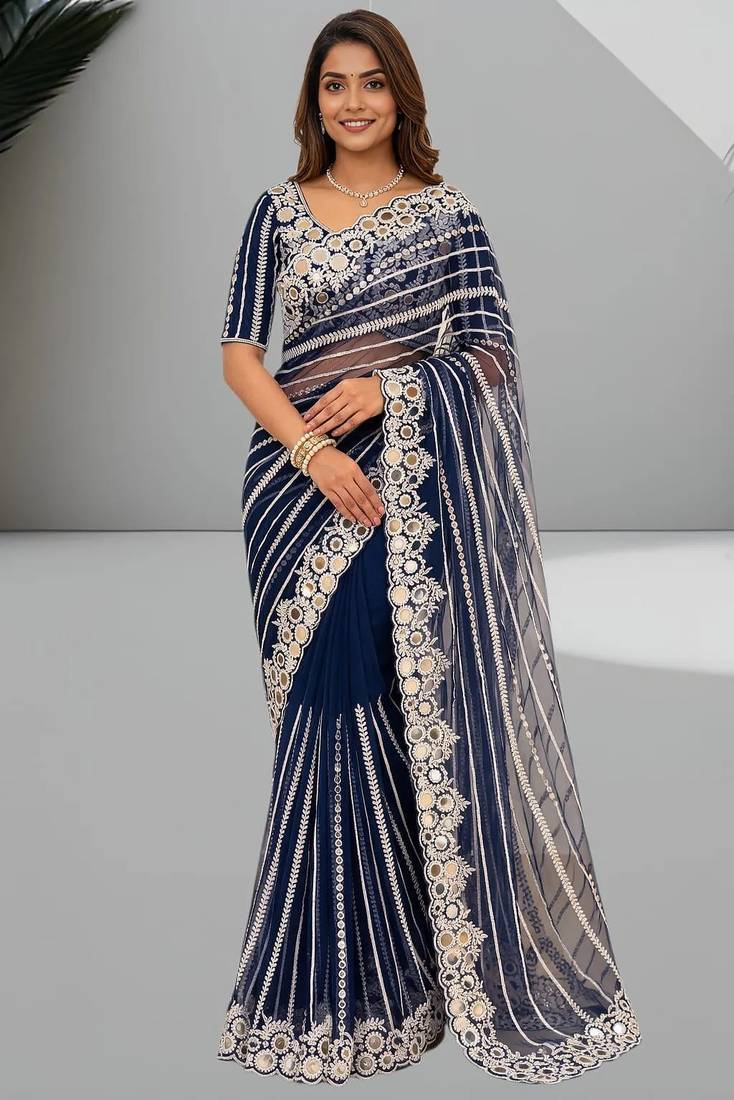 royal blue georgette saree with embroidery design