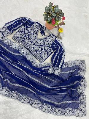 royal blue georgette saree with embroidery design 3