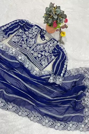 royal blue georgette saree with embroidery design