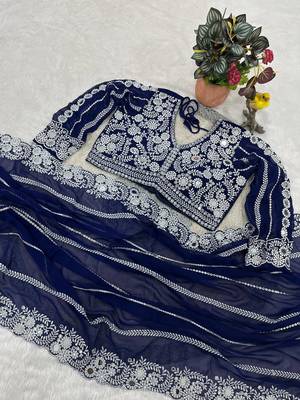 royal blue georgette saree with embroidery design 4