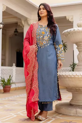 Pure Cotton blue Color Designer Embroidery Work Kurti