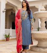Pure Cotton blue Color Designer Embroidery Work Kurti
