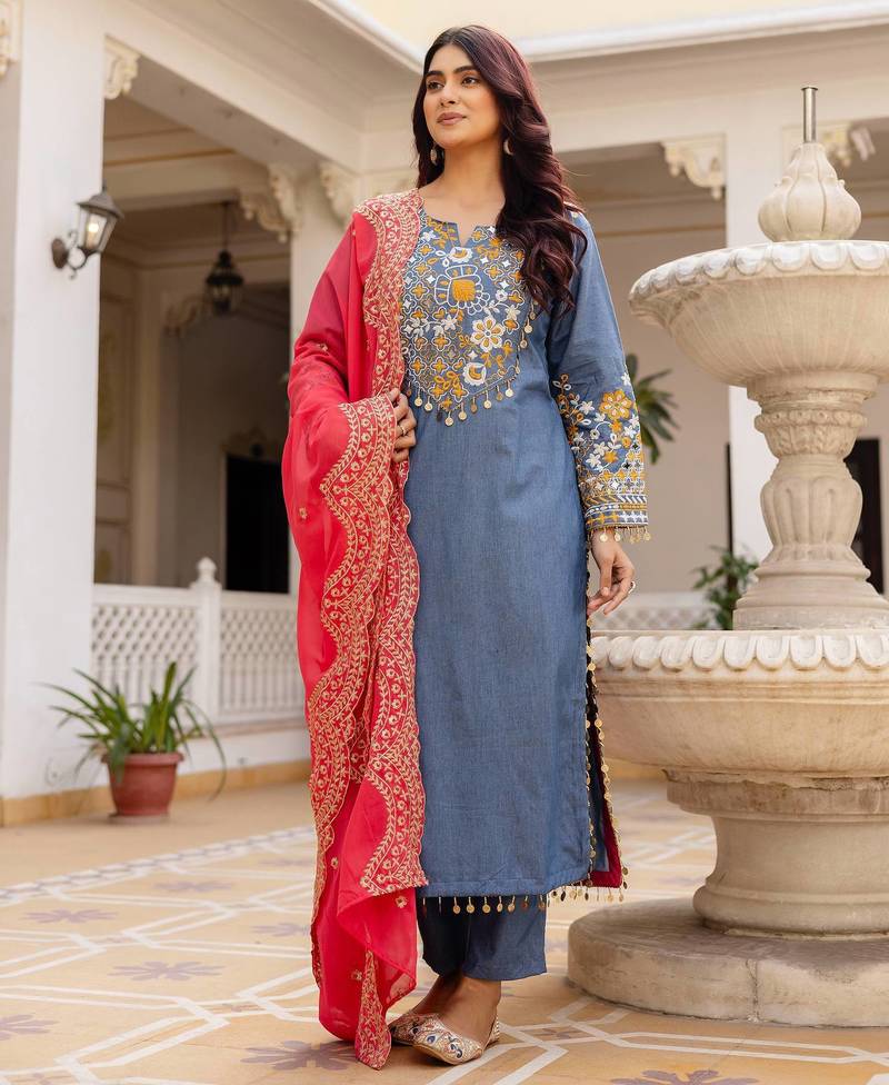 Pure Cotton blue Color Designer Embroidery Work Kurti
