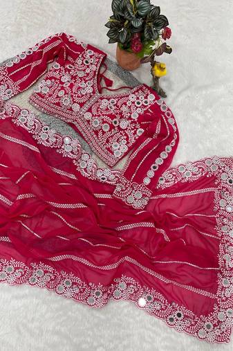 rani pink georgette saree with thread mirror work