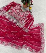 rani pink georgette saree with thread mirror work