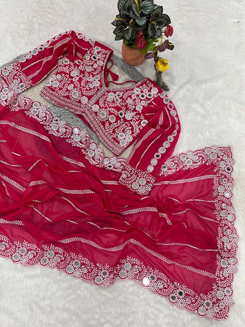 rani pink georgette saree with thread mirror work