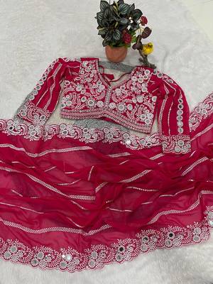 rani pink georgette saree with thread mirror work 2