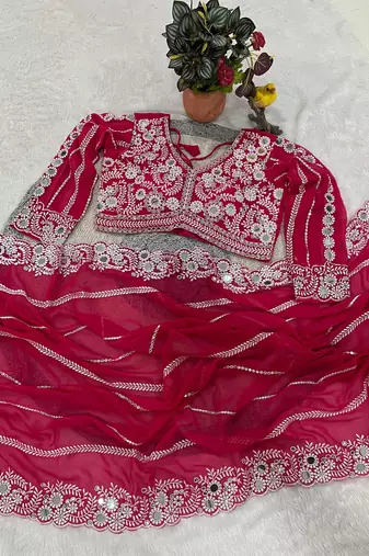rani pink georgette saree with thread mirror work
