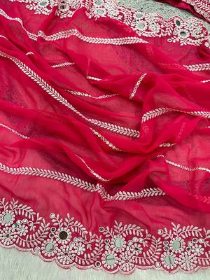 rani pink georgette saree with thread mirror work 3