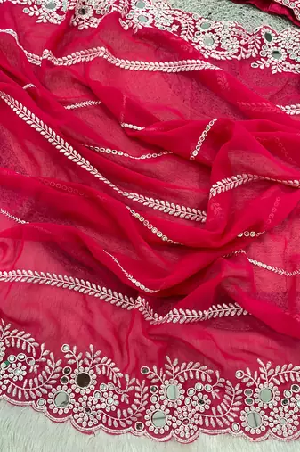 rani pink georgette saree with thread mirror work