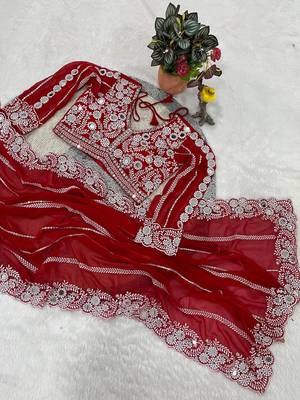 red georgette saree with thread mirror work 1