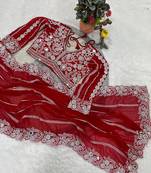 red georgette saree with thread mirror work