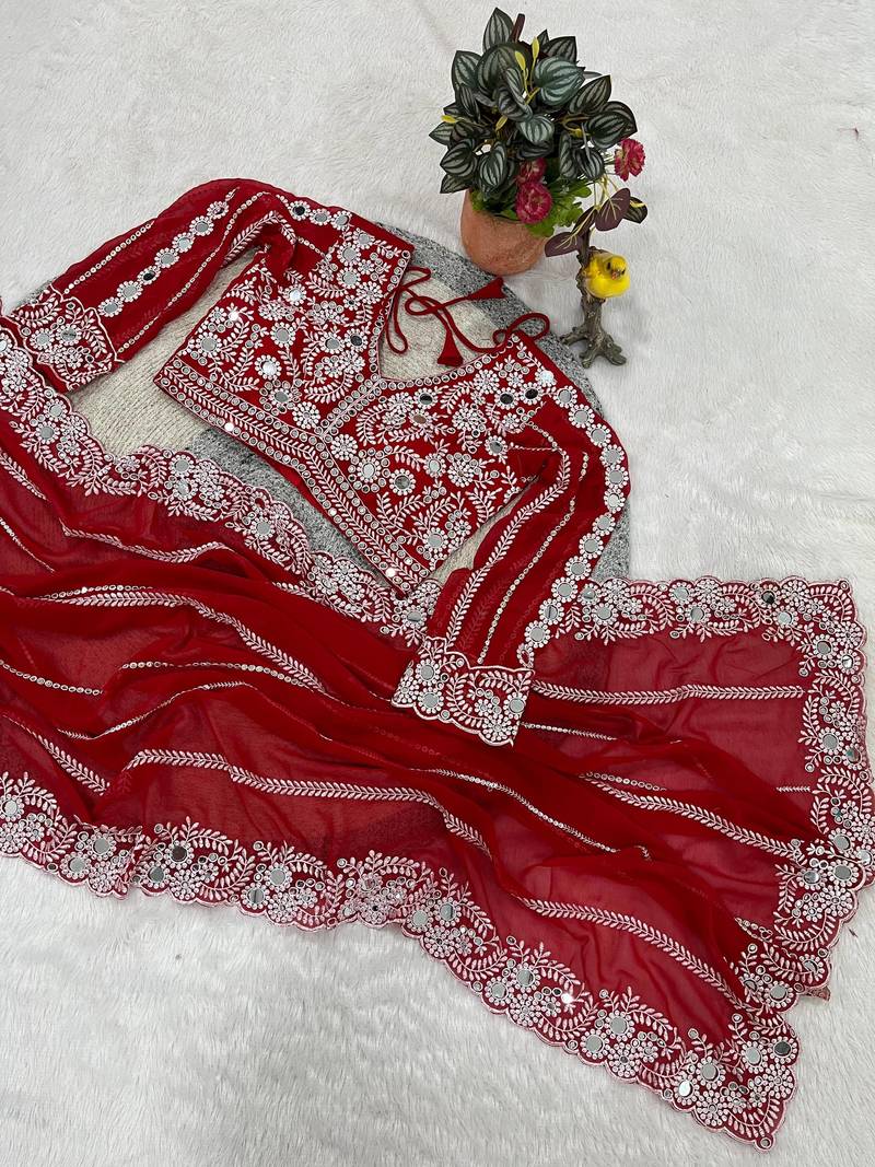 red georgette saree with thread mirror work
