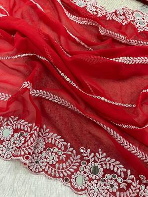 red georgette saree with thread mirror work 2