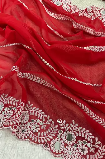red georgette saree with thread mirror work