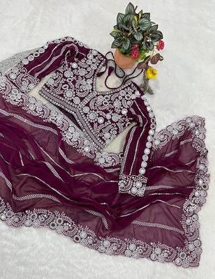 plum georgettete saree with thread embroidery work 1
