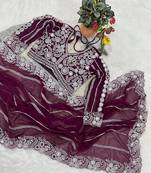 plum georgette saree with thread embroidery work