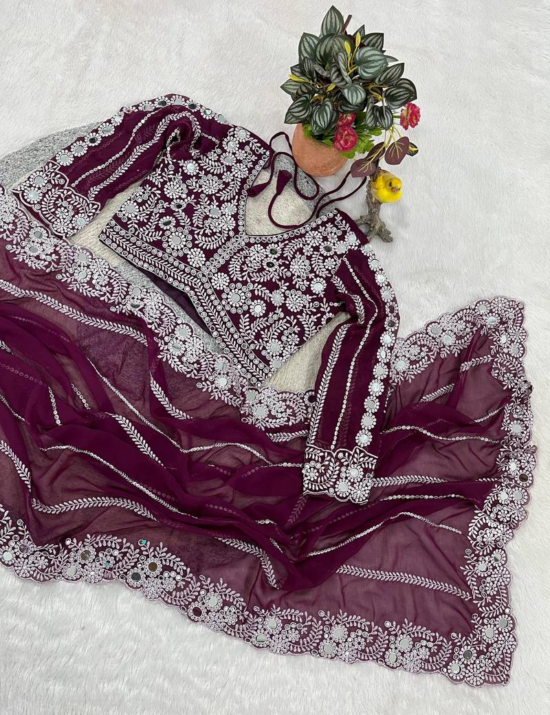 plum georgette saree with thread embroidery work