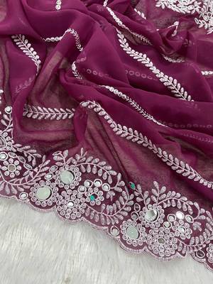 plum georgettete saree with thread embroidery work 2