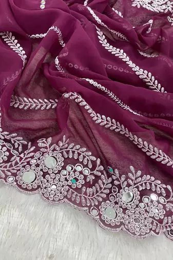 plum georgette saree with thread embroidery work