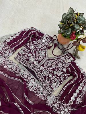 plum georgettete saree with thread embroidery work 3