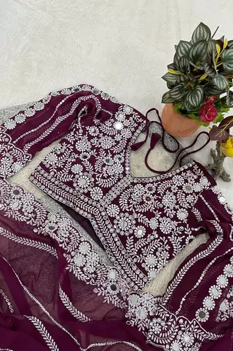 plum georgette saree with thread embroidery work