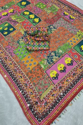 multicolor chinon silk saree with print and mirror