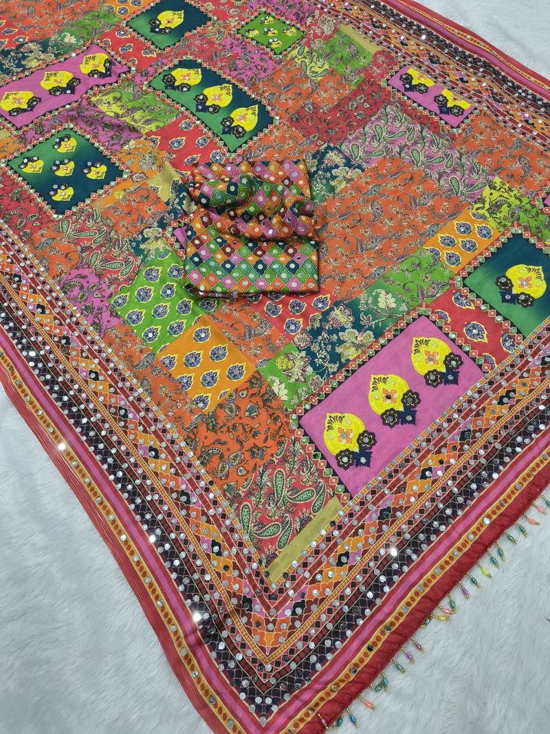 Multi Color  Print And Real Mirror Work Chinon Silk Saree