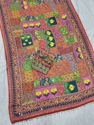 multicolor chinon art silk saree with print and mirror 2