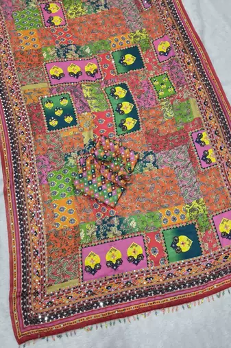 multicolor chinon art silk saree with print and mirror