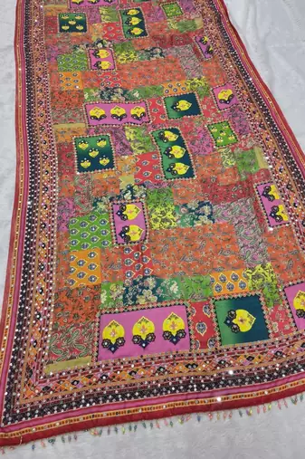 multicolor chinon art silk saree with print and mirror