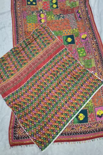 multicolor chinon art silk saree with print and mirror