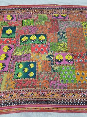 multicolor chinon art silk saree with print and mirror 5
