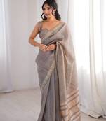 grey jari dori embroidery cotton saree with mirror work