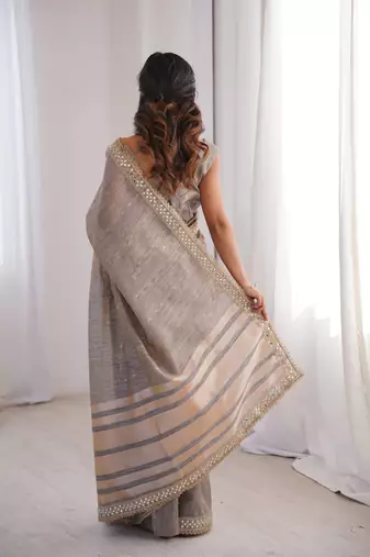 grey jari dori embroidery cotton saree with mirror work