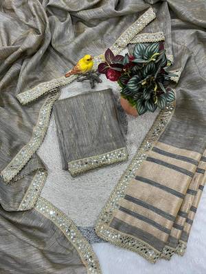 grey jari dori embroidery cotton saree with mirror work 4