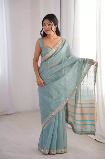 sky blue jari dori embroidery cotton saree with mirror work