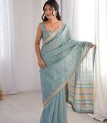 sky blue jari dori embroidery cotton saree with mirror work