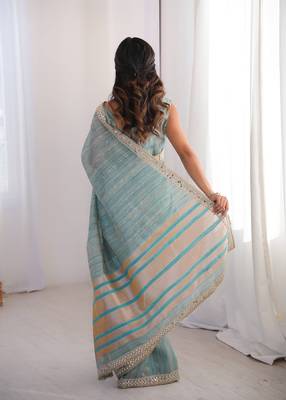 sky blue jari dori embroidery cotton saree with mirror work 3